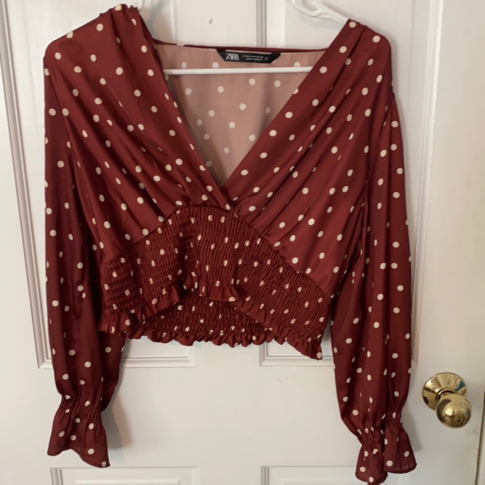 Zara red polka dot cropped blouse. Size M.